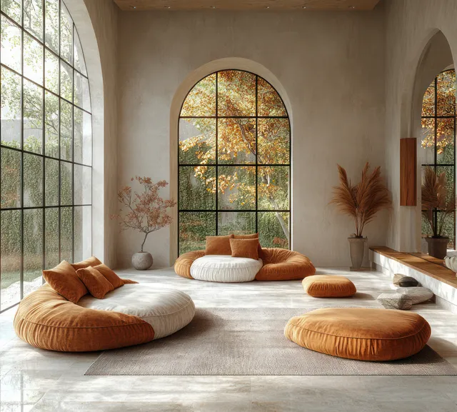 Cozy lounge seating in warm earth tones beside arched windows and soft natural light