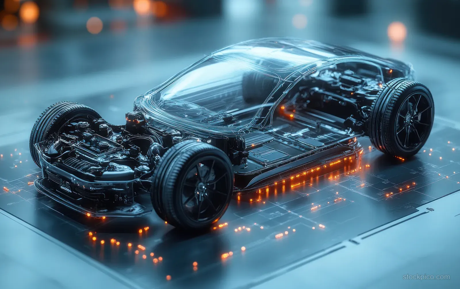 Isometric cutaway of a futuristic electric car chassis with glowing amber battery wiring and visible suspension components.