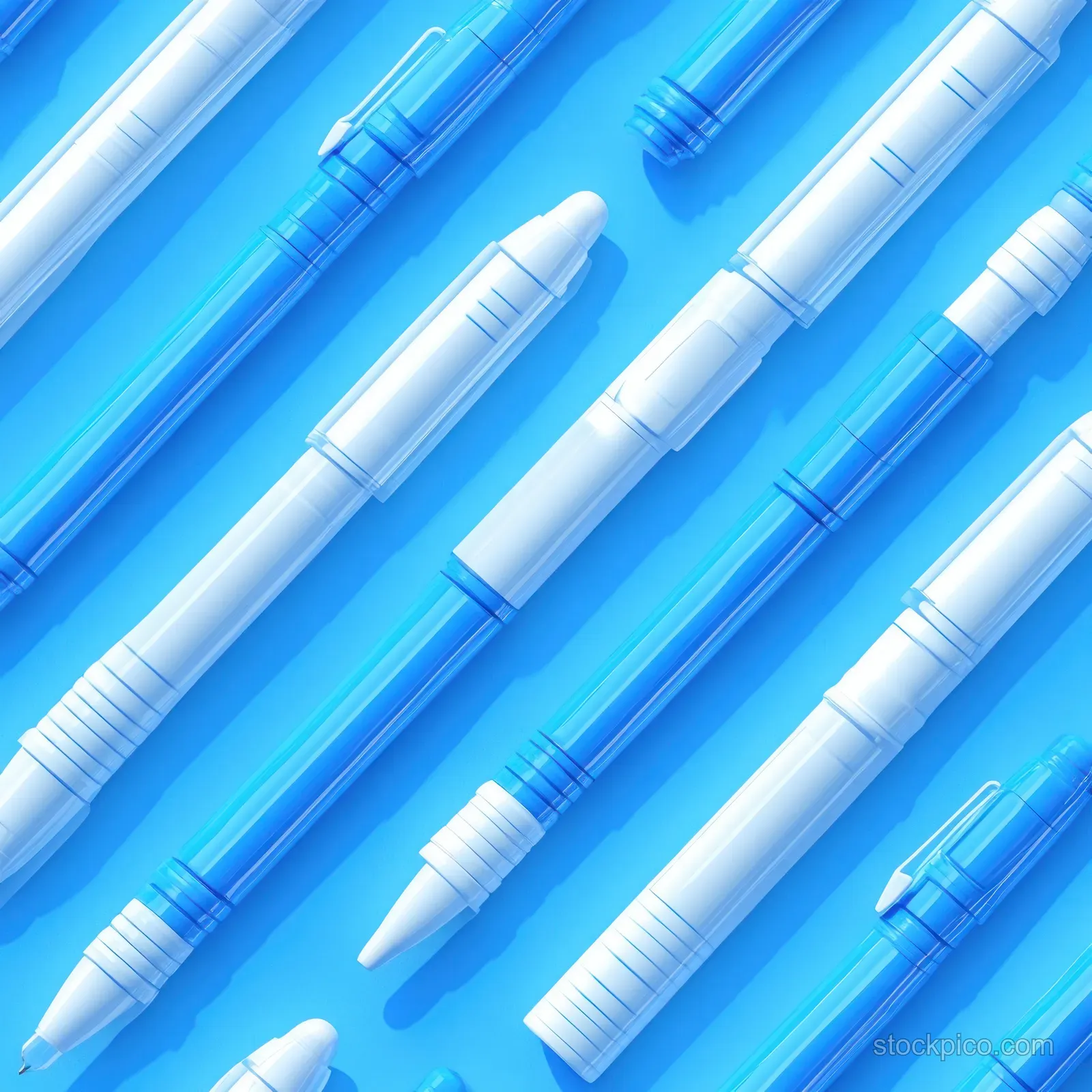 Seamless blue pattern showing repeated injection pens with needle tips for diabetes and weight-loss treatments.