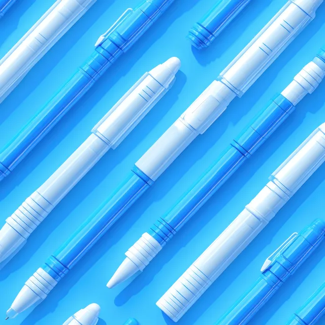 Seamless blue pattern showing repeated injection pens with needle tips for diabetes and weight-loss treatments.