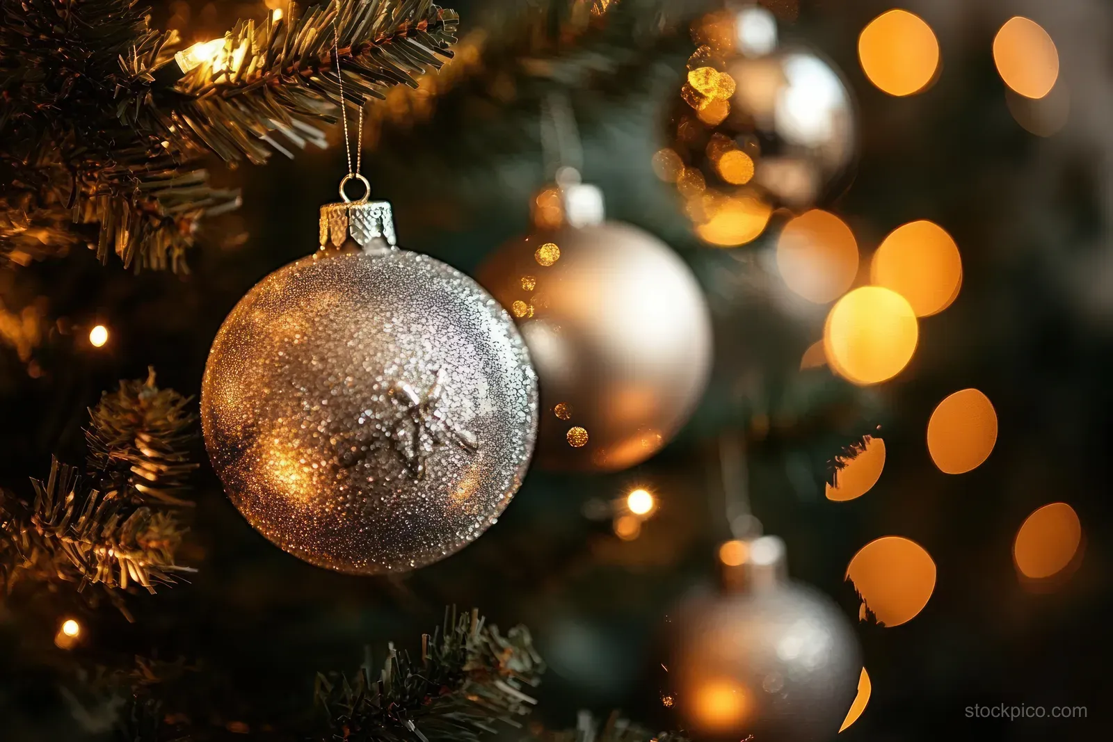 Silver glitter Christmas bauble hanging on a tree branch with warm, blurred holiday lights behind it.