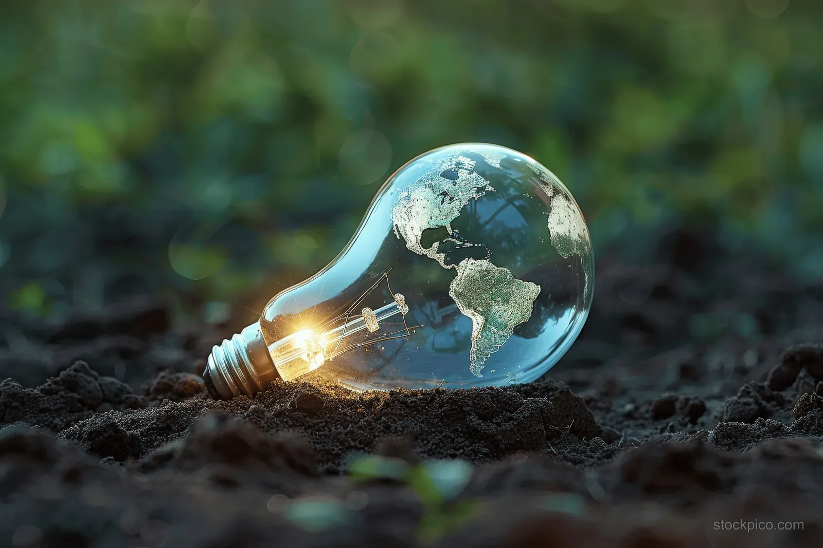 A glowing light bulb with Earth inside sits in soil with small green growth behind it.
