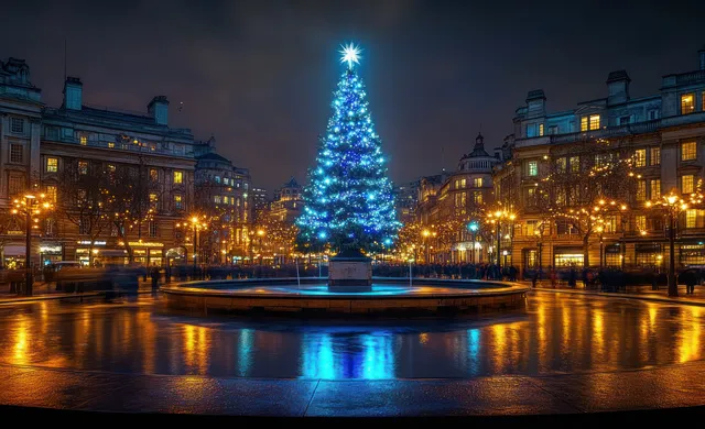 Blue-lit Christmas tree with a glowing star stands in a circular fountain in a night city square.