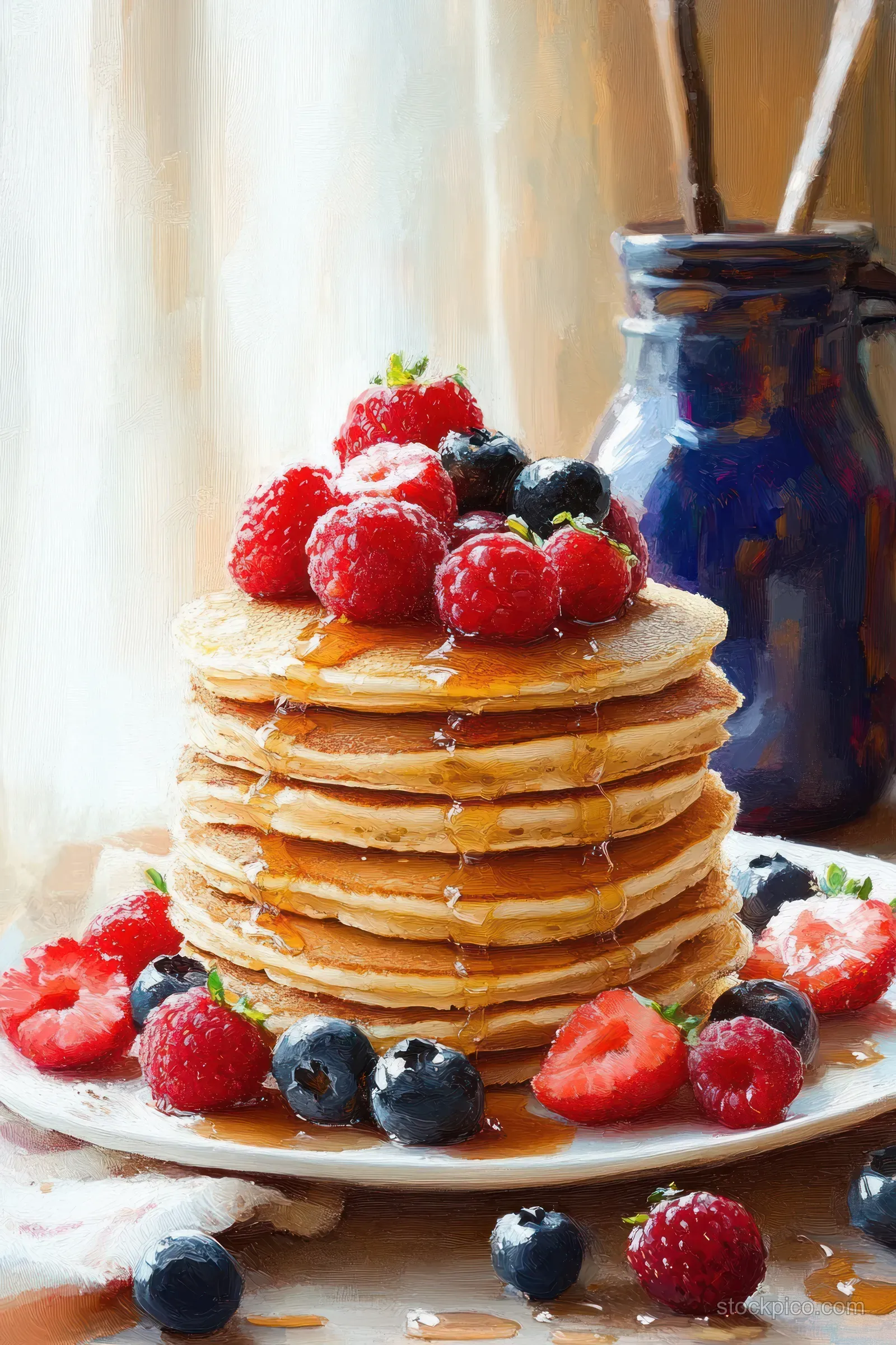 A stack of pancakes topped with mixed berries and honey sits beside a rustic blue jar on a plate.