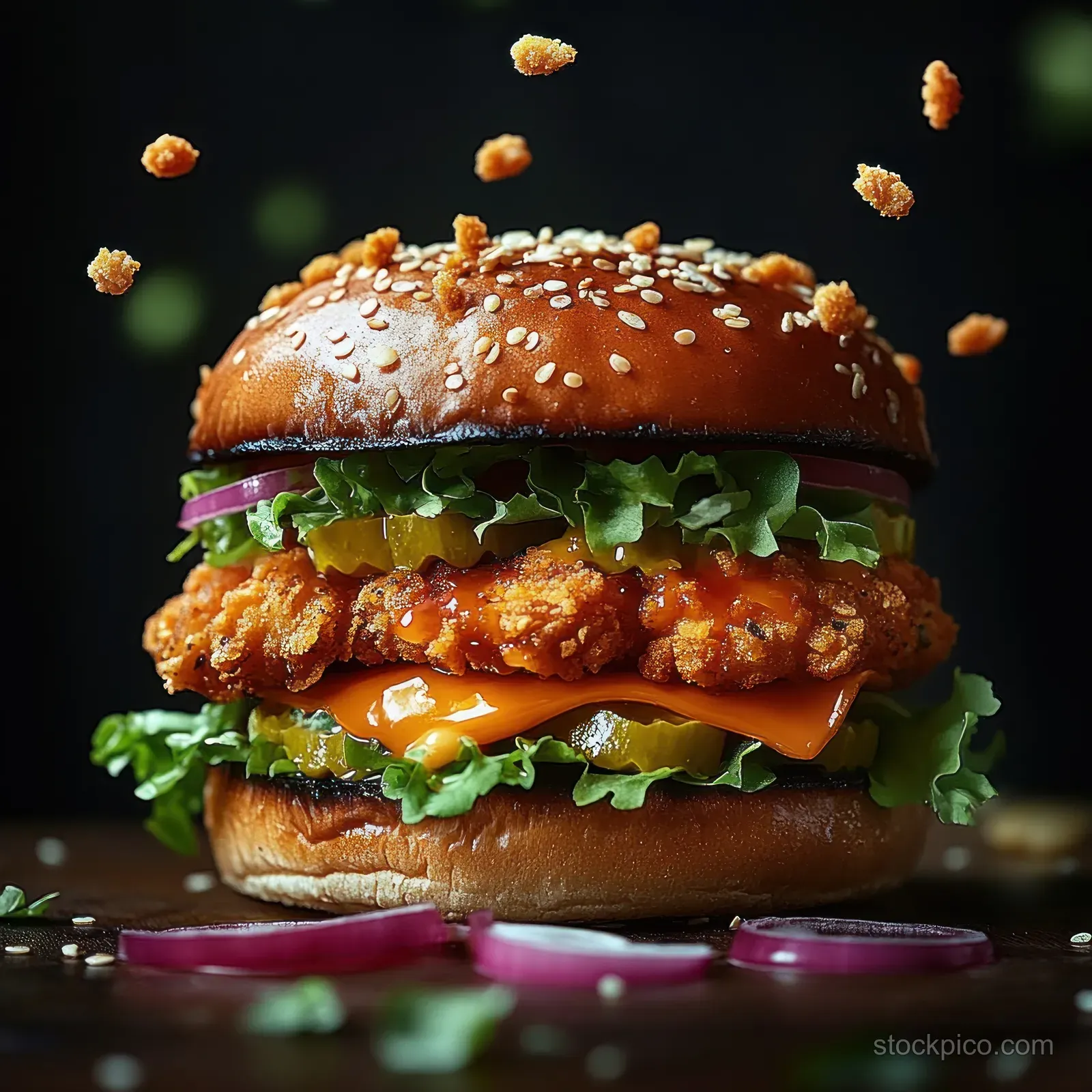 Fried chicken sandwich with melted cheddar, lettuce, pickles, and red onions on a sesame bun.