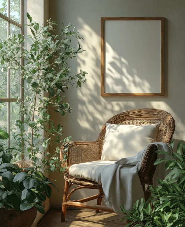 Empty square canvas frame on chair beside sunlit plant in minimalist bright room