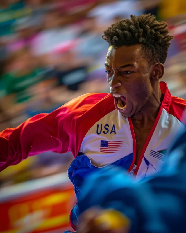 USA b-boy athlete shouting mid-breakdance freeze in a crowded breaking competition arena