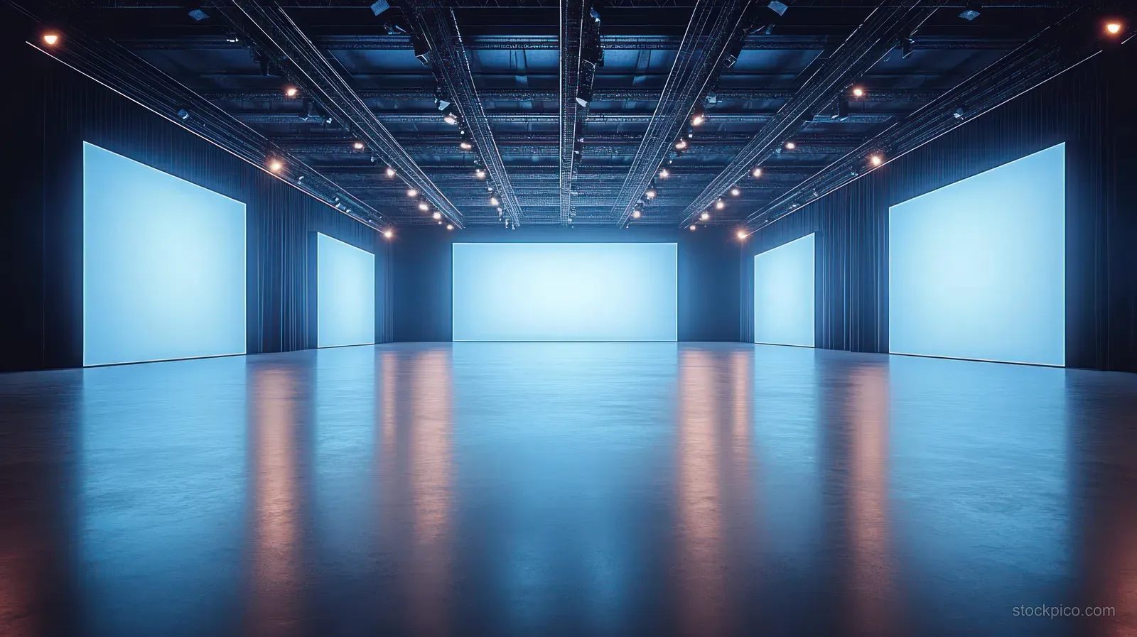 Empty gallery hall with glowing blue screens on the walls and reflections on a polished floor under industrial ceiling lights.