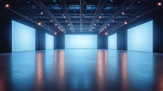 Empty gallery hall with glowing blue screens on the walls and reflections on a polished floor under industrial ceiling lights.