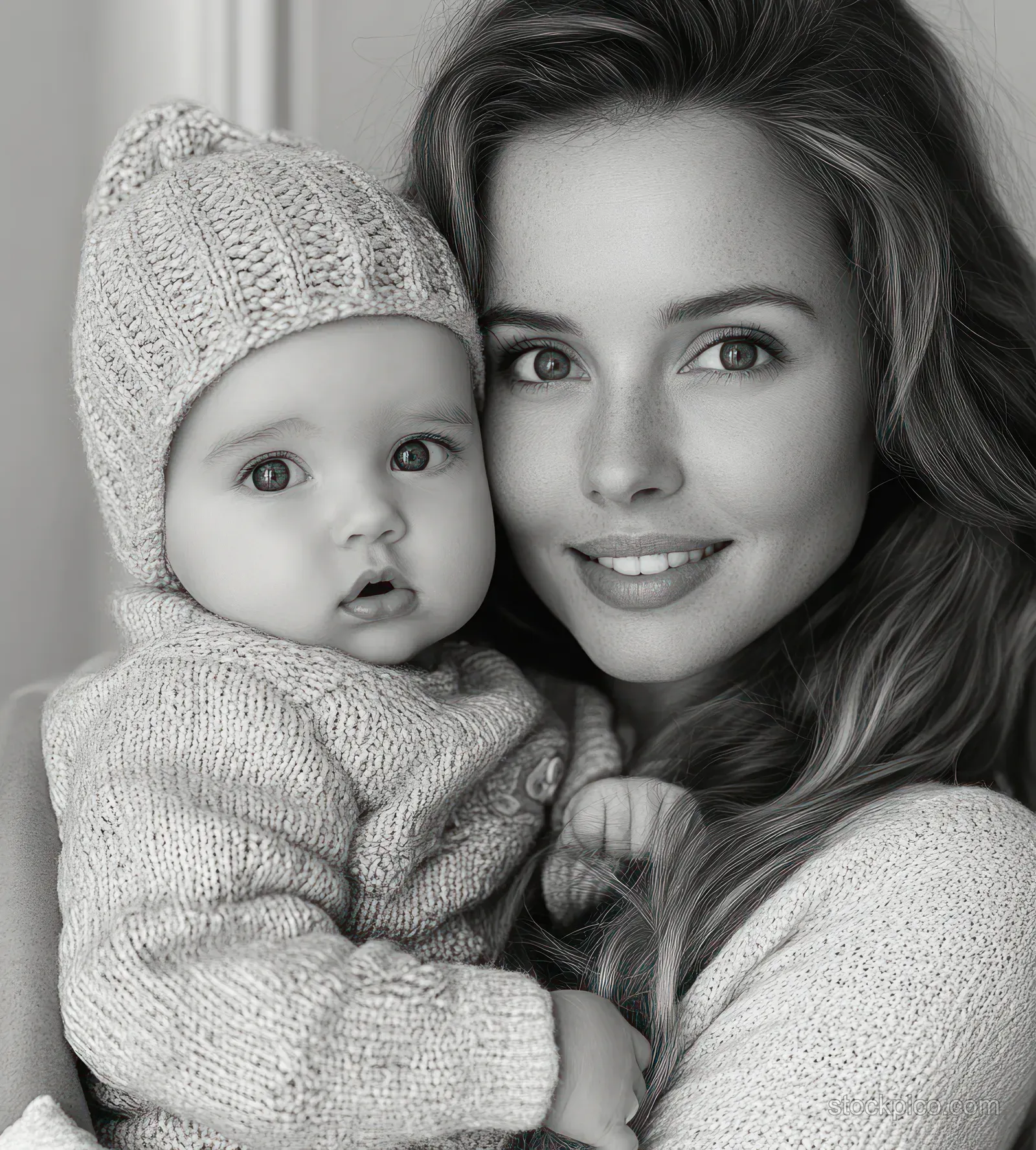 Smiling young woman holds a bundled baby in a knit hat, both facing the camera in a close-up portrait.