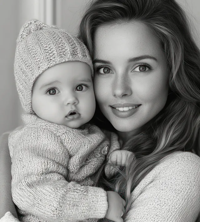 Smiling young mother holds a bundled baby close-up, both gazing at the camera warmly