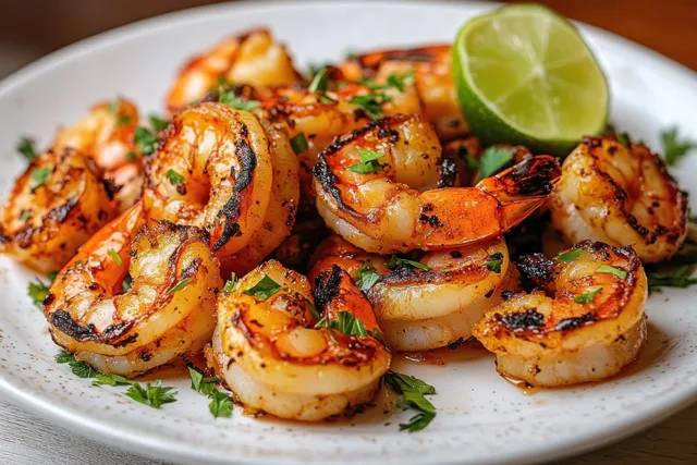Grilled shrimp with chopped herbs and a lime wedge on a white plate, with visible charred seasoning.