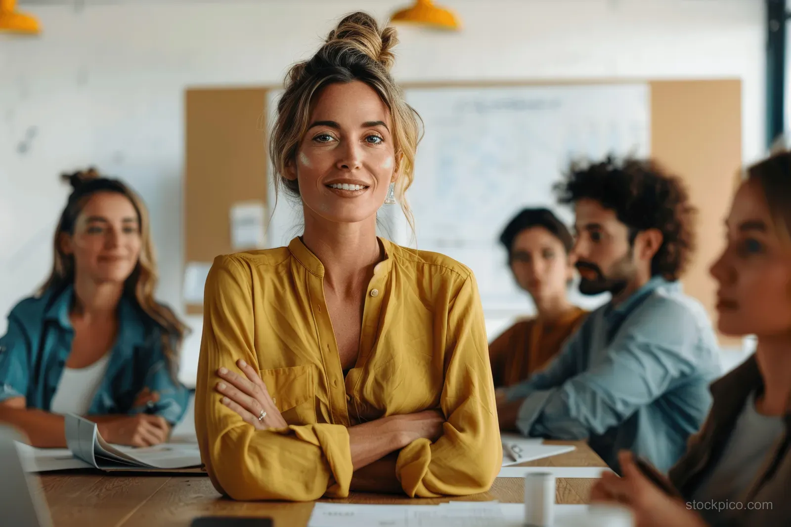 A female executive presents a project strategy to coworkers in a boardroom with a whiteboard behind her.
