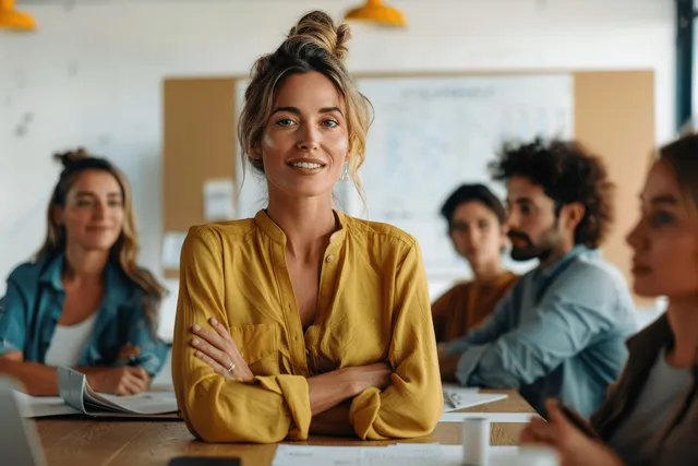 A female executive presents a project strategy to coworkers in a boardroom with a whiteboard behind her.