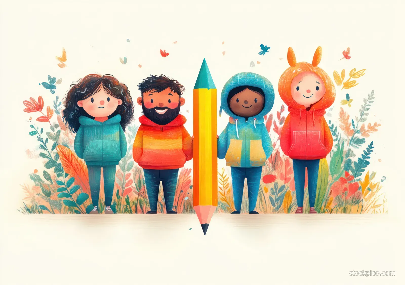 A flat cartoon of diverse children grouped around a giant yellow pencil with colorful crayons and leafy decorations.