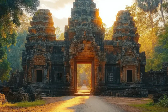 Warm sunlight illuminates an ancient carved temple gateway while a dirt path stretches into surrounding trees.