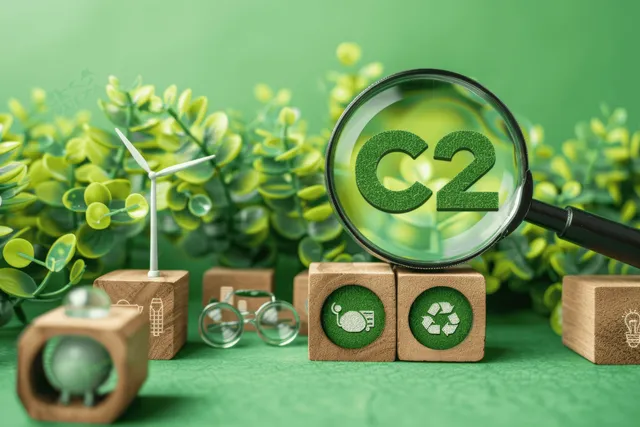 Magnifying glass over green CO2 symbol on recycling and renewable energy blocks in a bright leafy background.