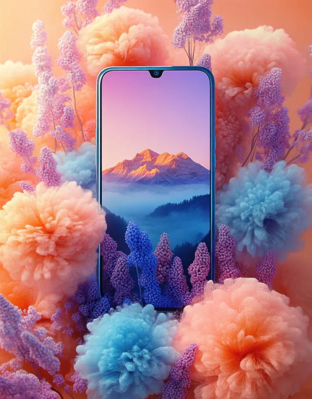 Smartphone shows a sunrise mountain scene amid pastel abstract floral puffs
