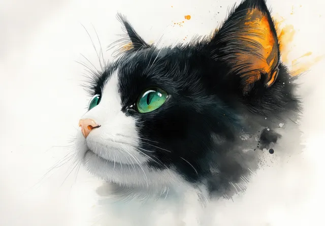 Black and white cat portrait with green eyes in watercolor and Japanese ink wash