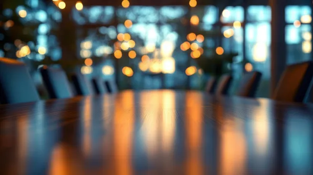 Empty boardroom meeting table with blurred chairs and warm city lights visible through large windows.