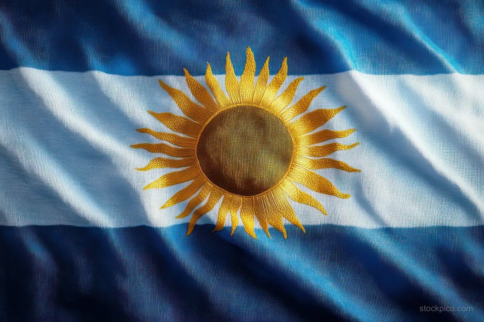 Blue and white striped fabric flag waves with a centered golden sun emblem and visible cloth folds.