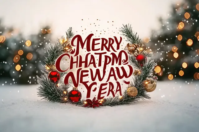 Red calligraphy Christmas greeting text sits above pine branches and red ornaments on a snowy light-filled background.