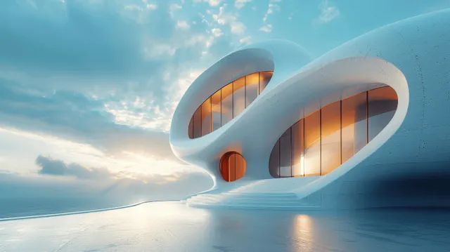Futuristic curved building with glowing orange windows on an empty concrete floor under blue sky.