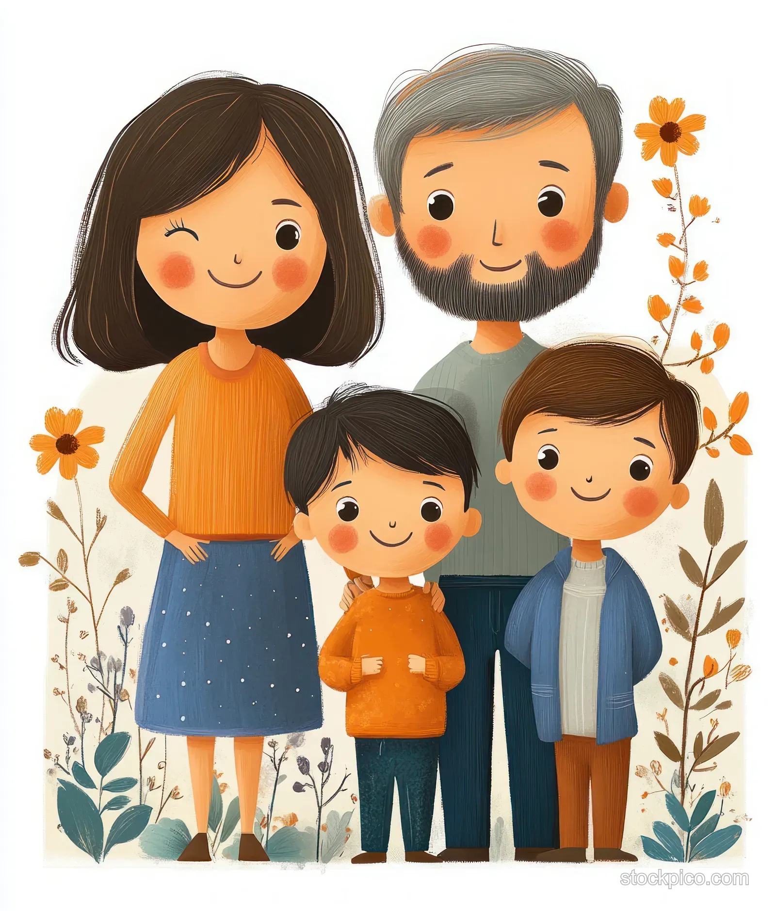 Three generations family members pose together with warm smiles beside small blooming flowers in an illustrated scene.