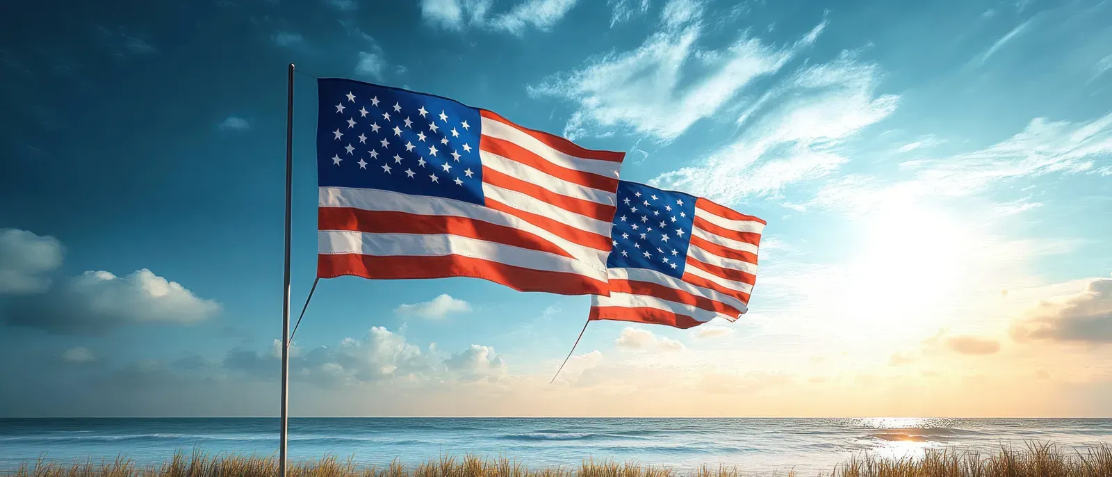 Two American flags wave on poles beside a sandy shoreline with the ocean and partly cloudy sunset behind them.