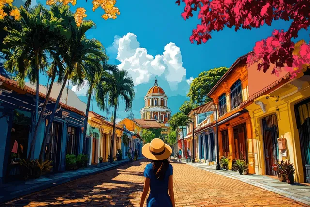 Tourist walking a cobblestone lane past colonial facades and a domed church