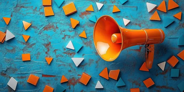 Orange megaphone with scattered geometric blocks on textured blue background, loud announcement feel