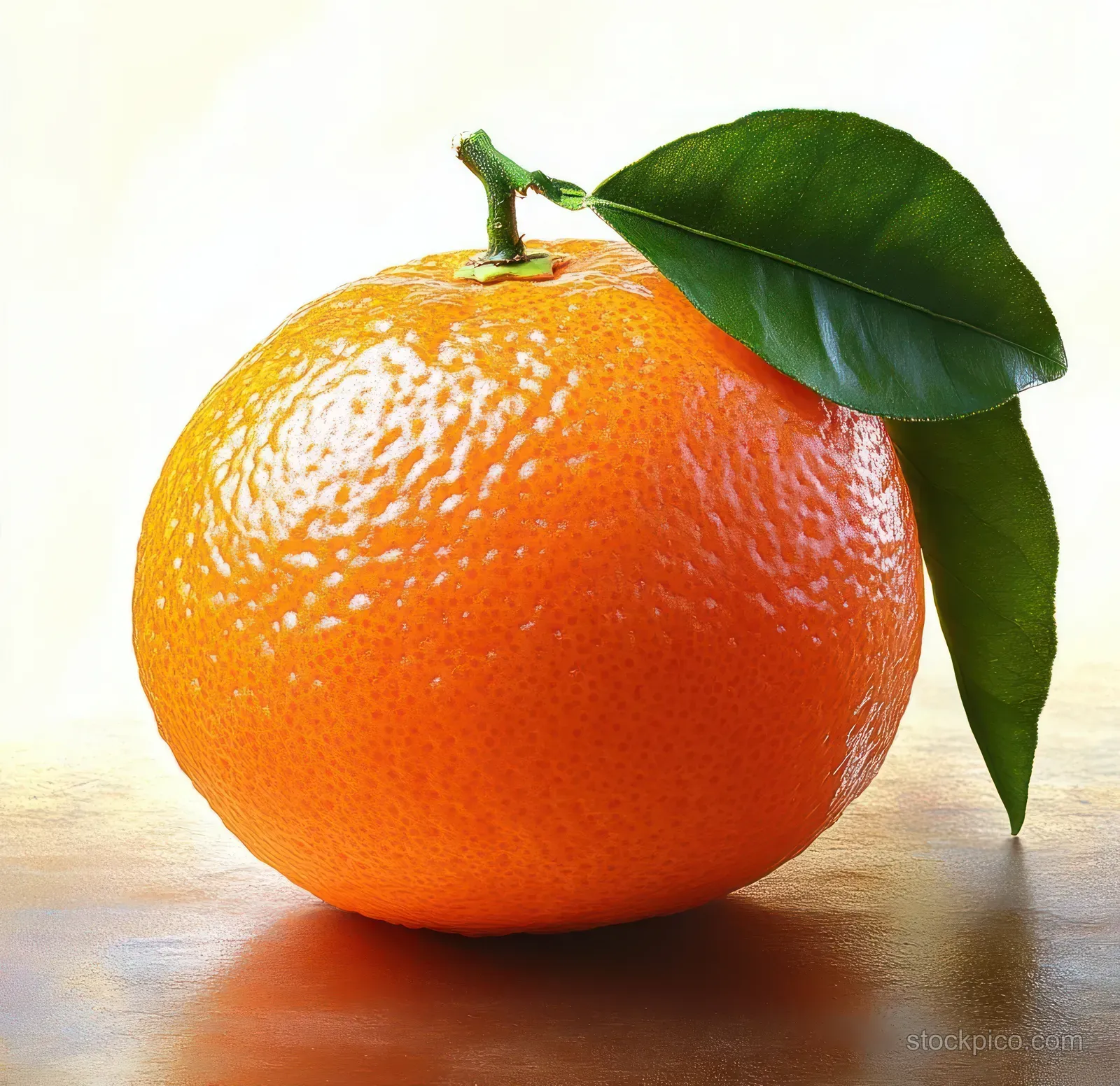 A ripe orange with textured peel and two green leaves rests on a neutral background.