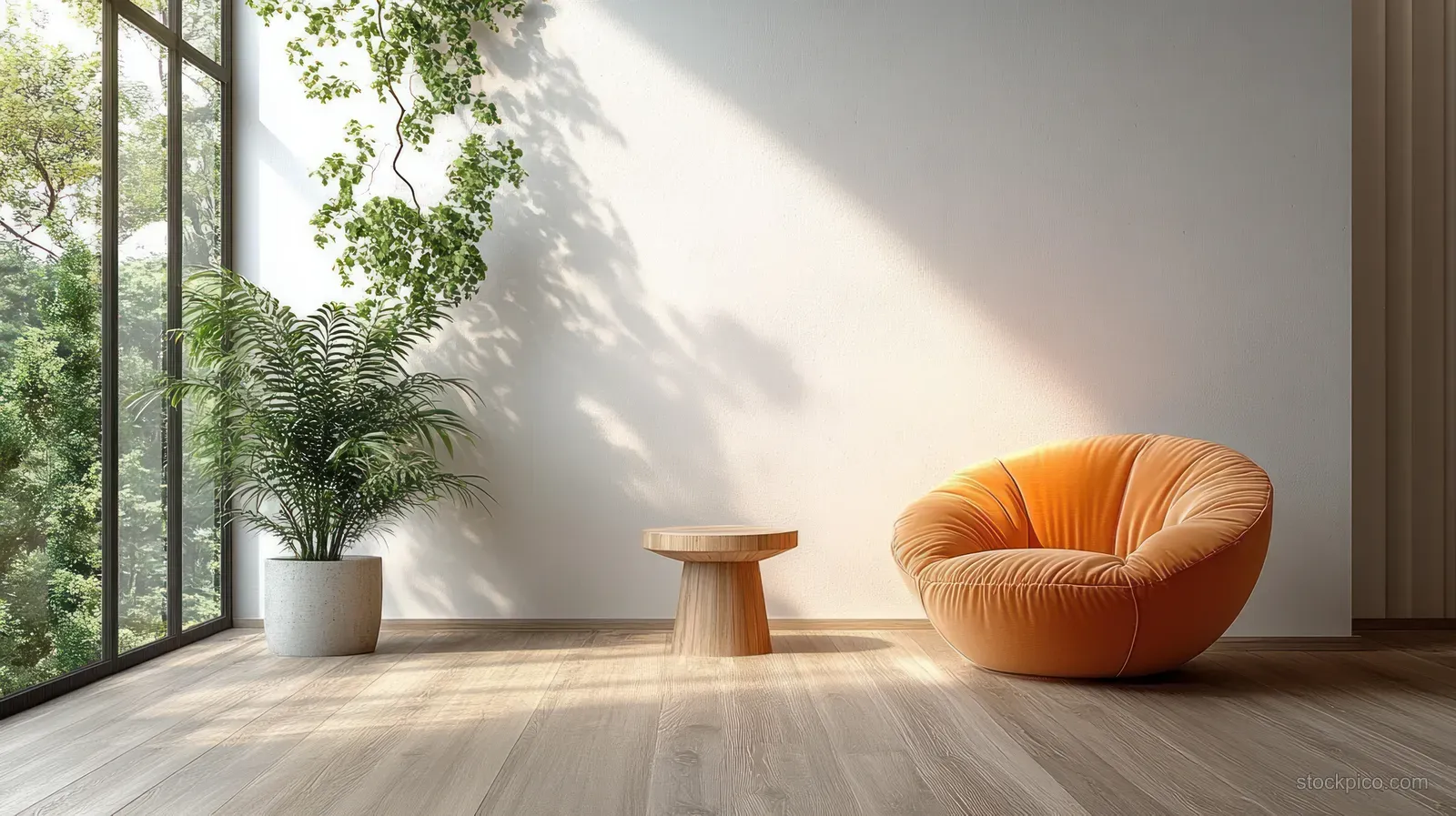 Orange lounge chair sits beside potted plants and large windows in a bright Scandinavian living room with a wooden floor.