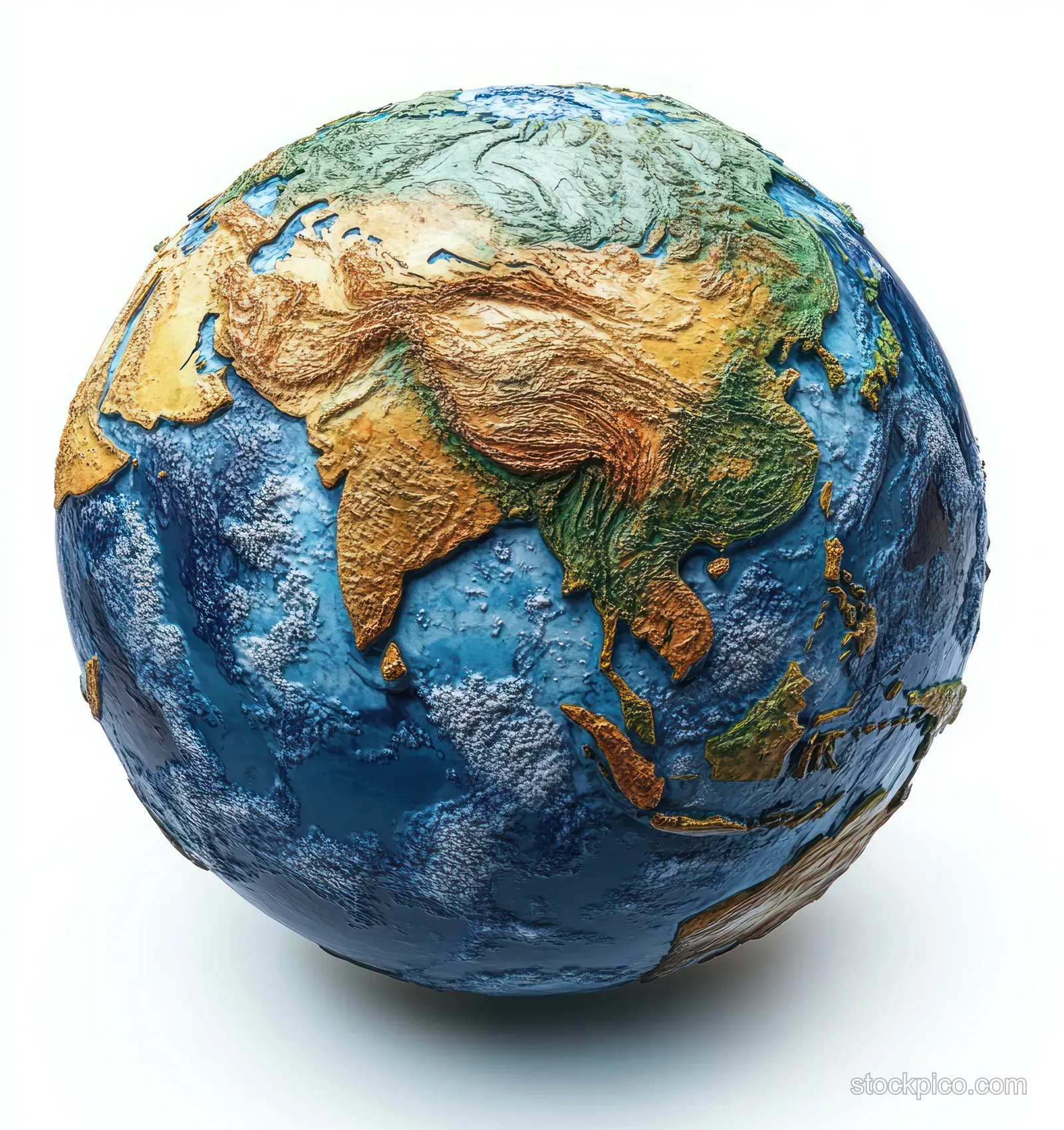A tilted 3D globe shows Asia and Europe with textured terrain, blue oceans, and subtle clouds on a white background.