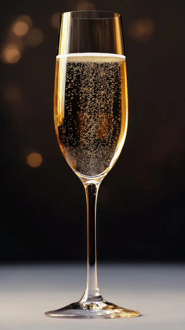 A champagne flute with golden sparkling bubbles rising in dark blurred lighting.