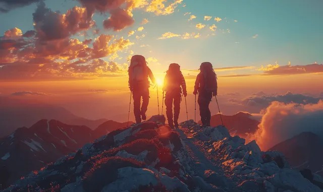 Three hikers silhouetted on a rocky mountain summit at sunrise with warm glow and clouds behind them.