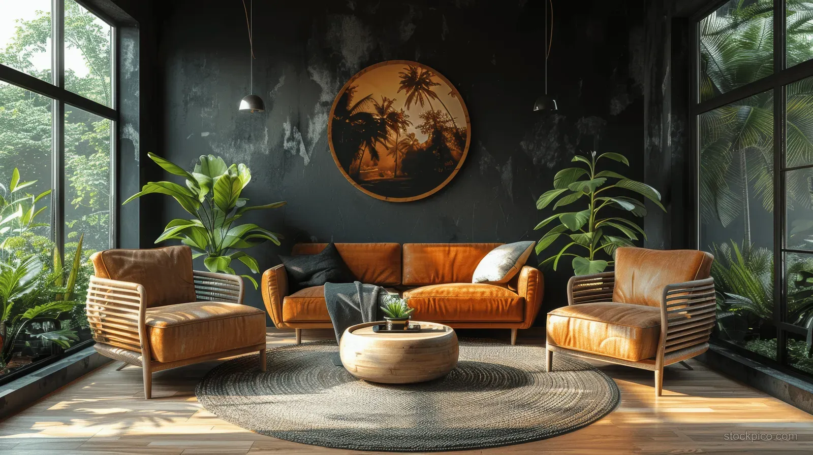 Dark living room with leather chairs, a velvet sofa, patterned rug, and glowing circular wall art near windows.