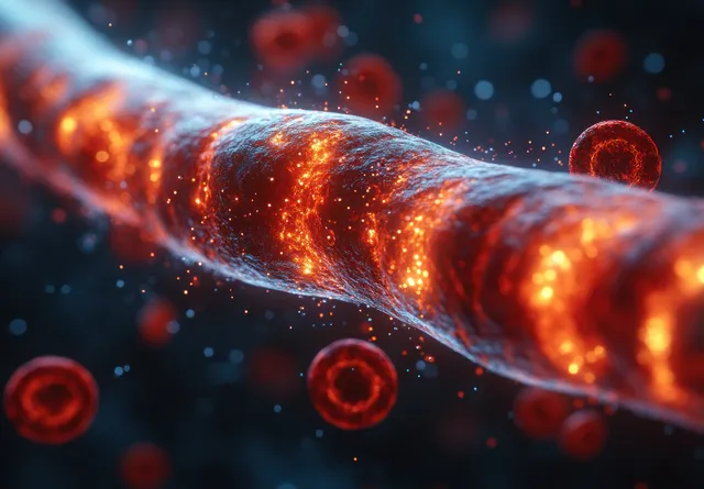 Red blood cells flow through a narrowed artery where glowing cholesterol plaque reduces the vessel space.