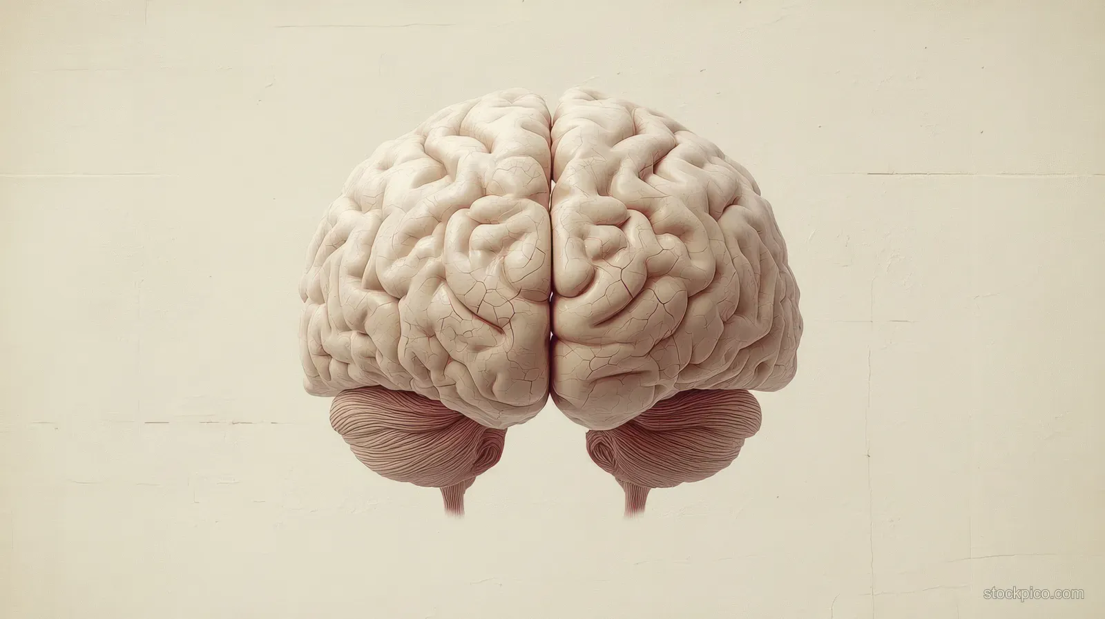 A detailed human brain model highlighting cerebral cortex and cerebellum folds on a plain beige background.