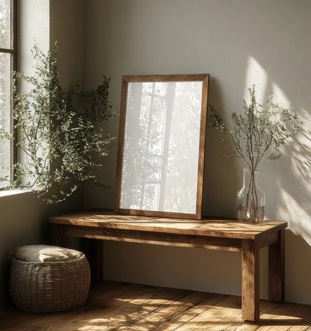Minimalist Scandinavian corner showing a wooden table with a blank mirror, plants, and warm window light.