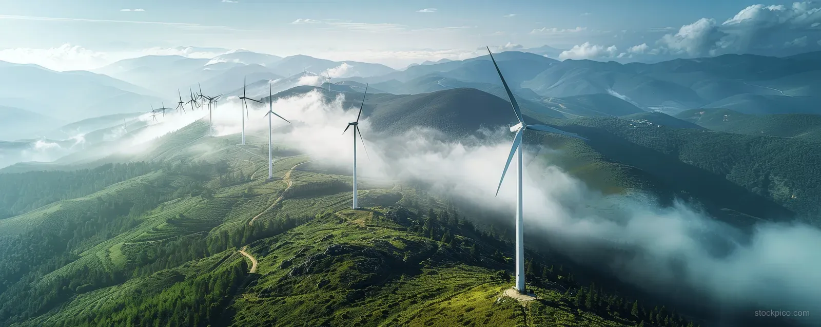 Aerial view of wind turbines spinning on a mountain ridge above misty green valleys.