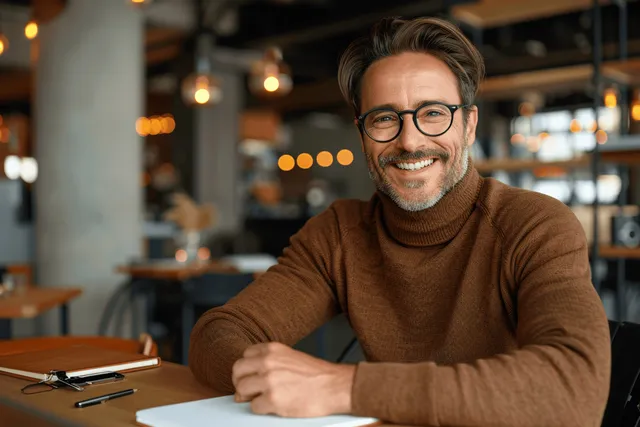 Smiling businessman reviewing tax documents at desk, laptop open, notebook and pen nearby