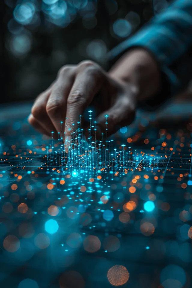 A hand touches a glowing virtual target arrow amid floating digital finance data points and bokeh lights.