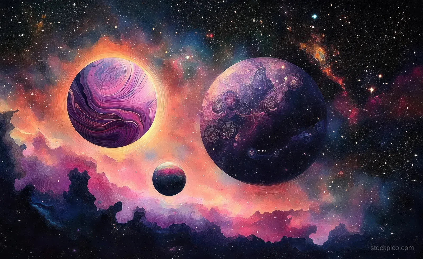 Two glowing planets hover in a colorful nebula with swirling Art Nouveau patterns and scattered stars.