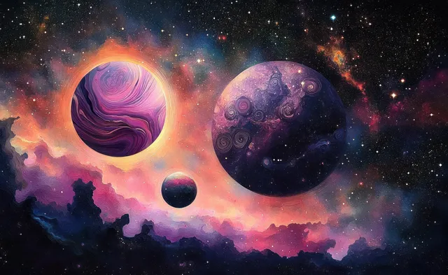 Two glowing planets hover in a colorful nebula with swirling Art Nouveau patterns and scattered stars.