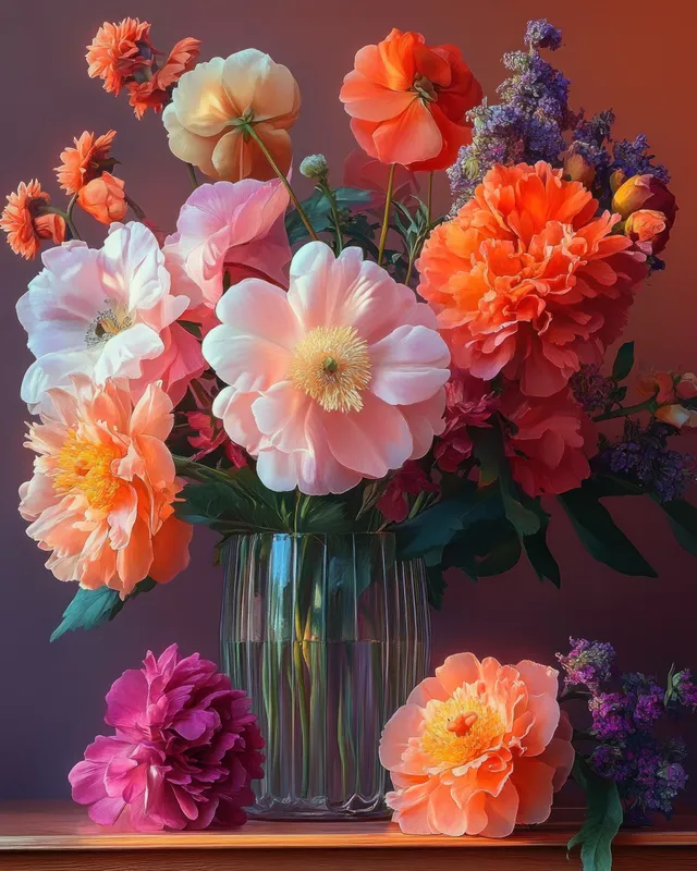 Colorful mixed flowers in a clear glass vase on a wooden surface under warm soft light.