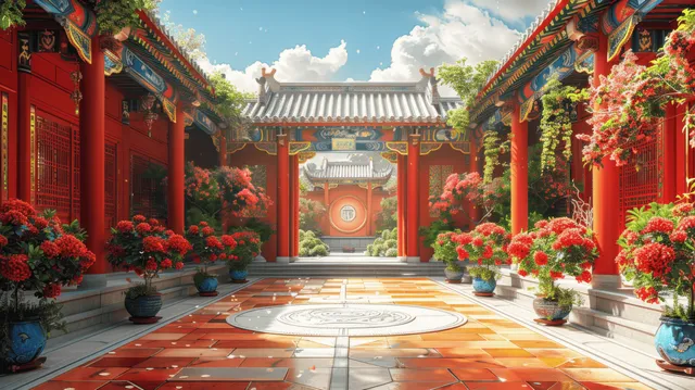 Red pillars frame a tiled courtyard filled with blooming shrubs and potted flowers under a blue sky.
