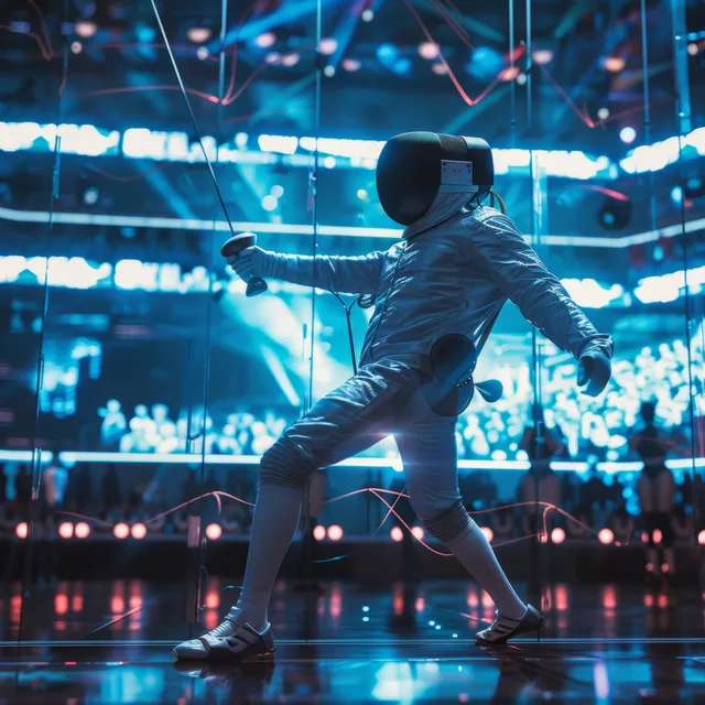 Futuristic foil fencer in a neon high-tech arena lunges forward with glowing visor and digital lights behind.