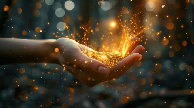 A hand cups golden glowing particles that sparkle like a bright light burst in a dark background.