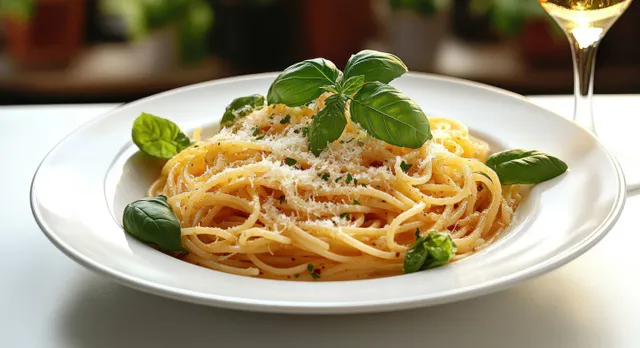 Spaghetti with Fresh Basil and Grated Cheese on a White Plate with Wine